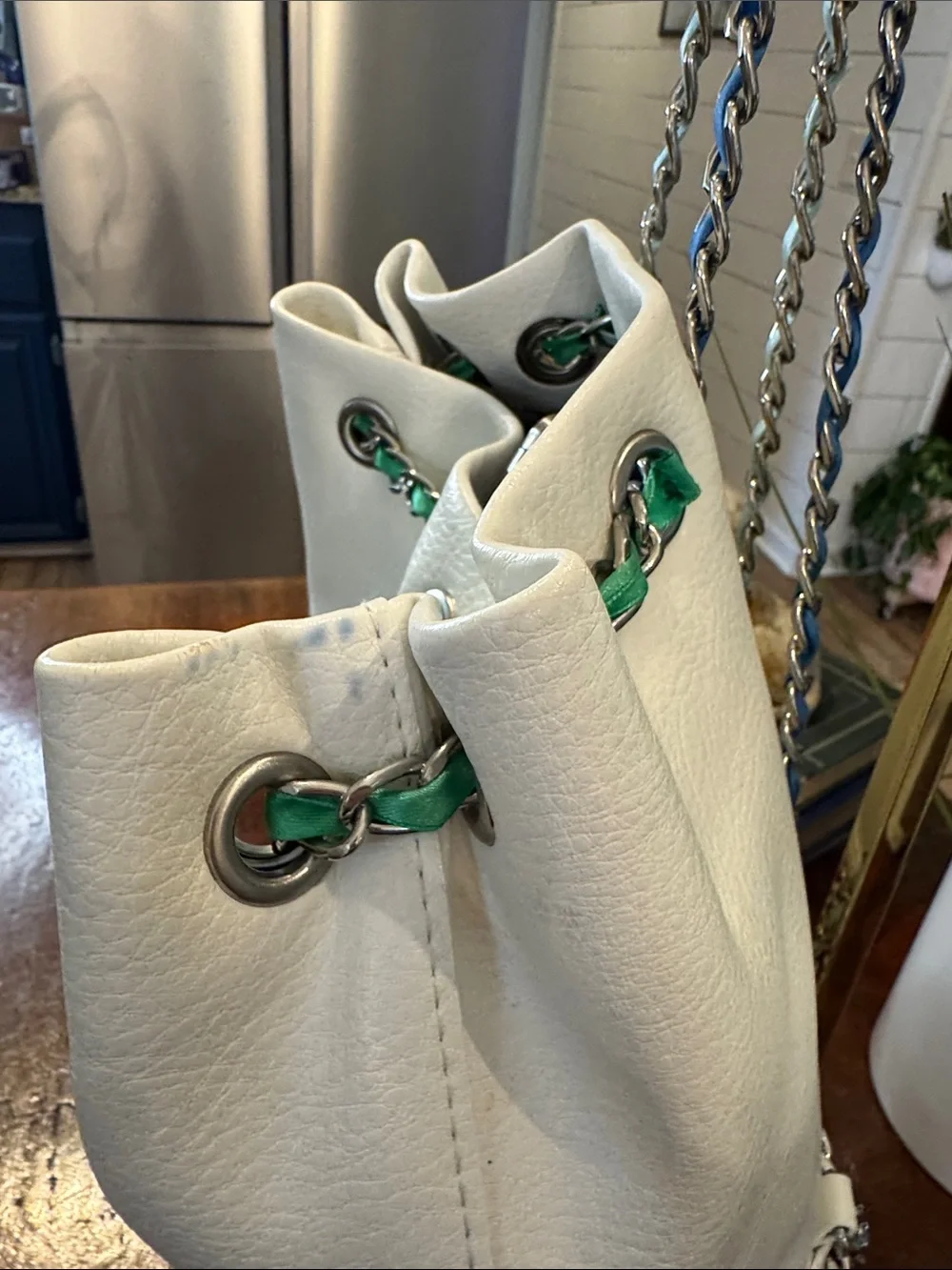 Betsey Johnson White Bucket Bag with Multicolor Chain Trim